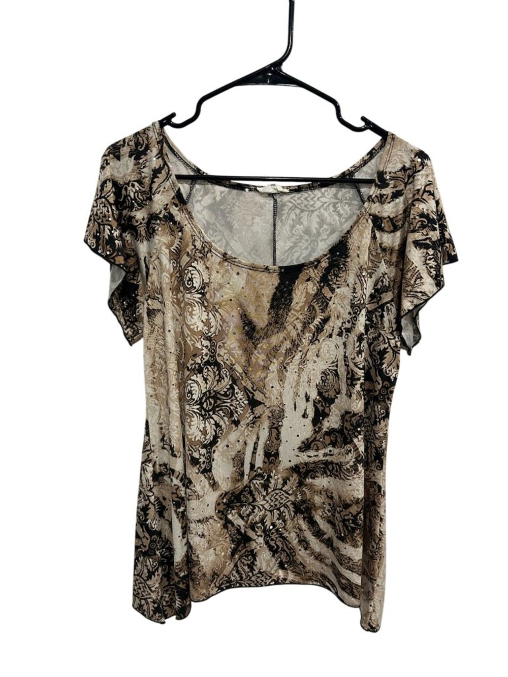 Brittany Black Scoopneck Top Brown Abstract Print Short Sleeve Grunge Minimalist